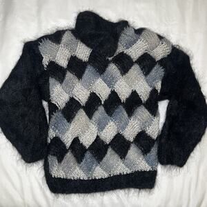 Grazia Vintage Mohair Sweater Knit Womens Size S Black Argyle Made in Italy